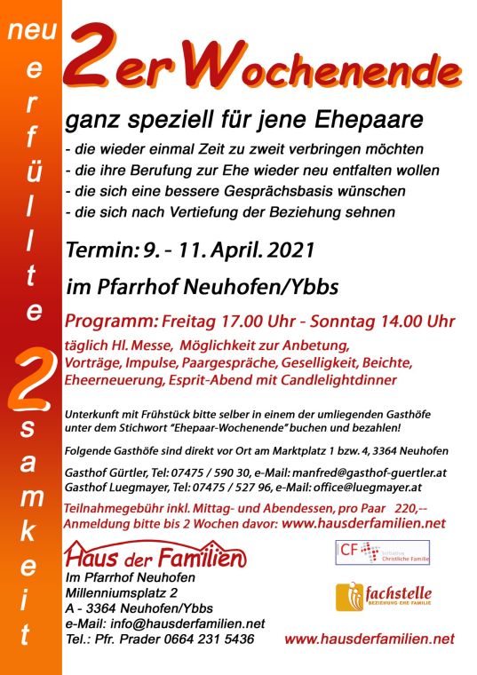 Einladungsplakat zum 2er-Wochenende im Pfarrhof Neuhofen/Ybbs, 9. bis 11. April 2021