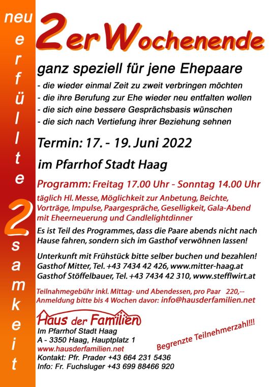 Einladungsplakat zum 2er-Wochenende, 17. bis 19. Juni 2022, Pfarrhof Stadt Haag