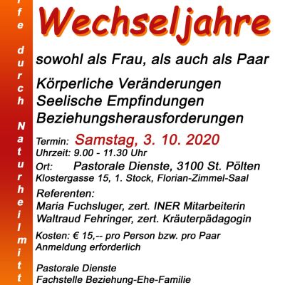 Einladungsplakat „Gut durch die Wechseljahre“, 3. Oktober 2020, St. Pölten