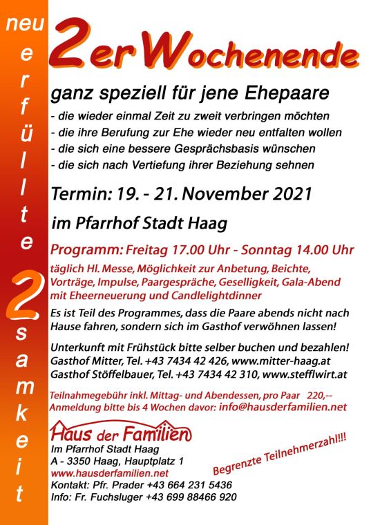Einladungsplakat zum 2er-Wochenende, 19. bis 21. November 2021, Pfarrhof Stadt Haag