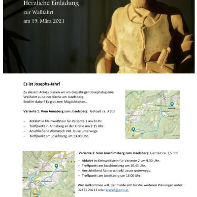 Einladung zur Josephs-Wallfahrt am 19. März 2021 mit Holzstatue des heiligen Josef und Wegkarten