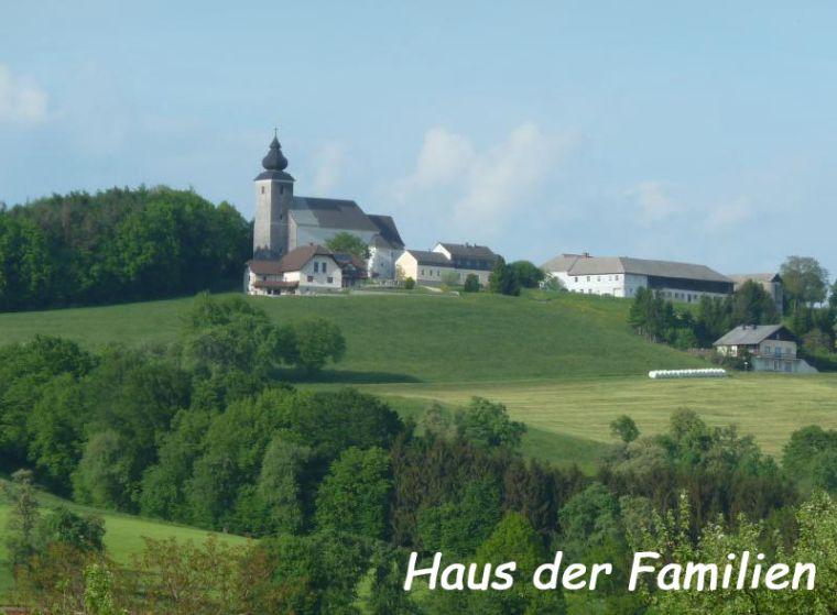 Blick über grüne Wiesen auf die Filialkirche St. Veit