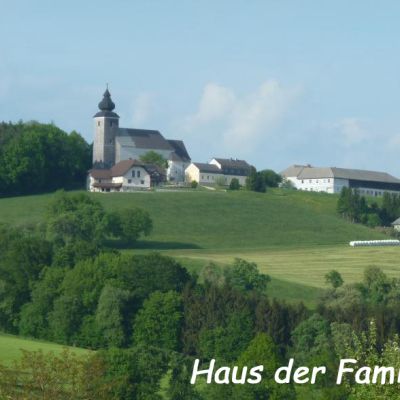 Blick über grüne Wiesen auf die Filialkirche St. Veit