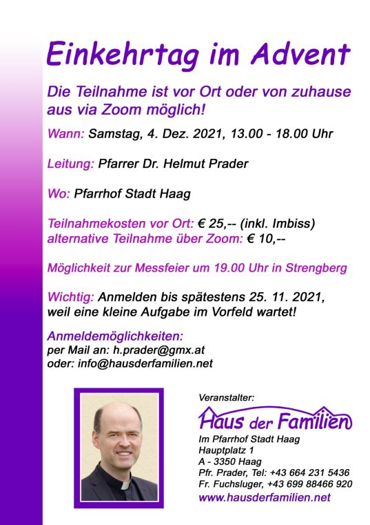 Einladungsplakat „Einkehrtag im Advent“, 4. Dezember 2021, Pfarrhof Stadt Haag, mit Foto von Pfarrer Dr. Helmut Prader