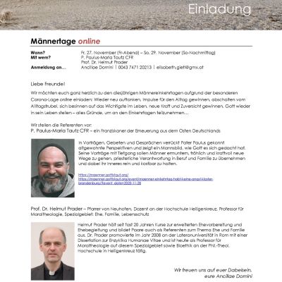 Einladung zu den Männertagen online, 27. bis 29. November 2020