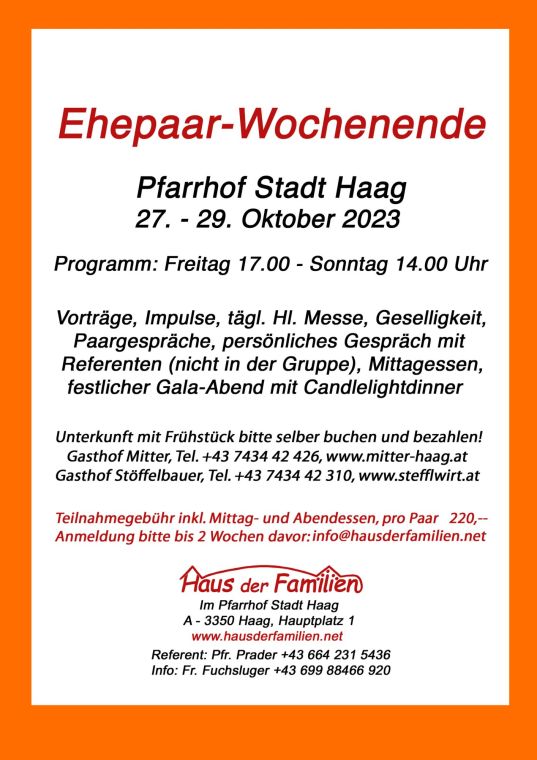 Einladung zum Ehepaar-Wochenende im Pfarrhof Stadt Haag, 27. bis 29. Oktober 2023