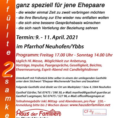 Einladungsplakat zum 2er-Wochenende im Pfarrhof Neuhofen/Ybbs, 9. bis 11. April 2021