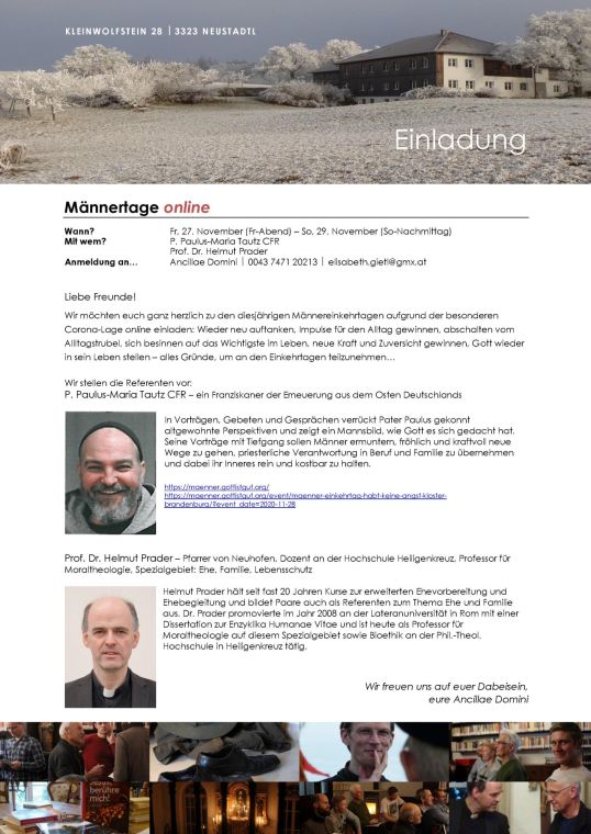 Einladung zu den Männertagen online, 27. bis 29. November 2020