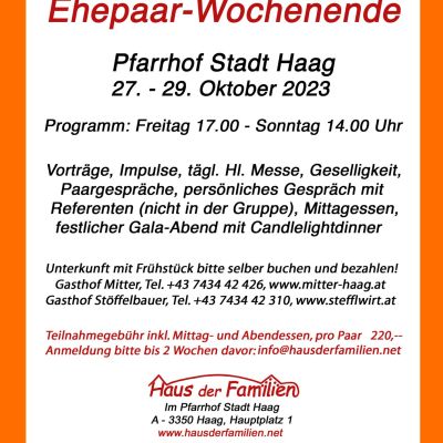 Einladung zum Ehepaar-Wochenende im Pfarrhof Stadt Haag, 27. bis 29. Oktober 2023